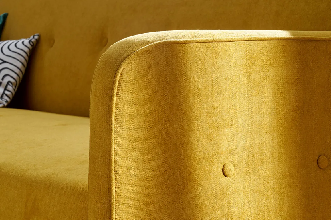 Miliboo Canapé Convertible|Voir Tous Les Canapés-Canapé convertible scandinave 3 places en tissu effet velours jaune moutarde et bois clair ULLA