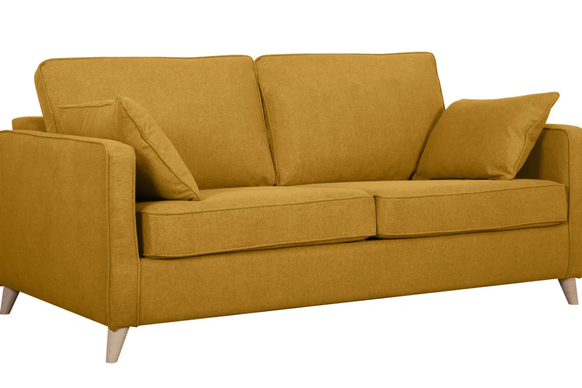 Miliboo Canapé Convertible|Voir Tous Les Canapés-Canapé convertible scandinave 3 places en tissu jaune cumin et bois clair avec matelas 10 cm PAPEL