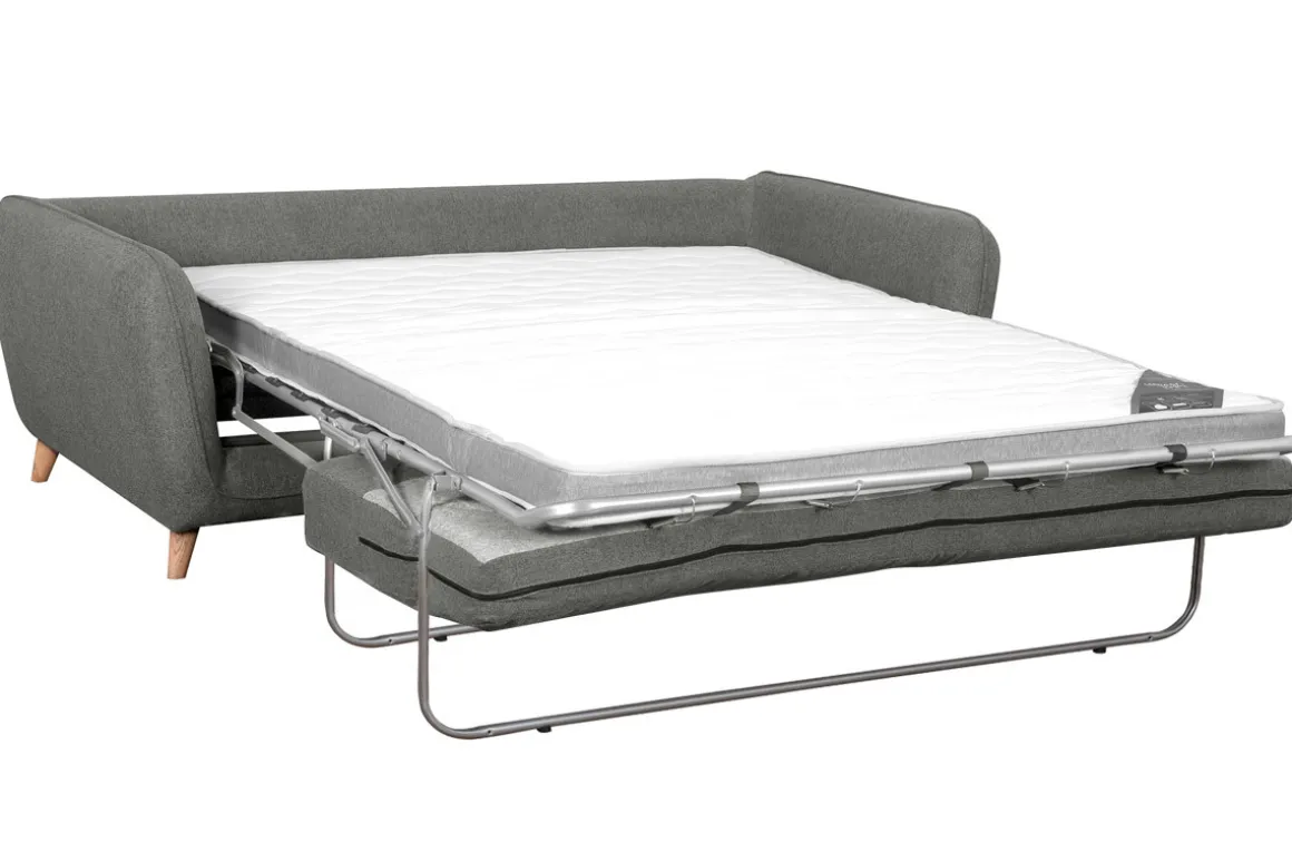 Miliboo Canapé Convertible|Voir Tous Les Canapés-Canapé convertible scandinave 3 places en tissu gris anthracite et bois clair avec matelas 10 cm CREEP