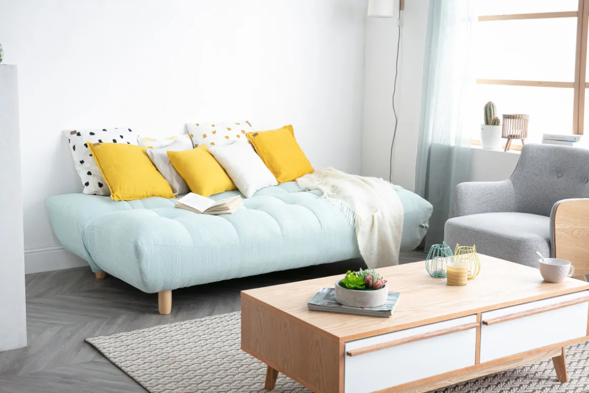 Miliboo Canapé Convertible|Voir Tous Les Canapés-Canapé convertible scandinave en tissu menthe à l'eau et bois clair YUMI