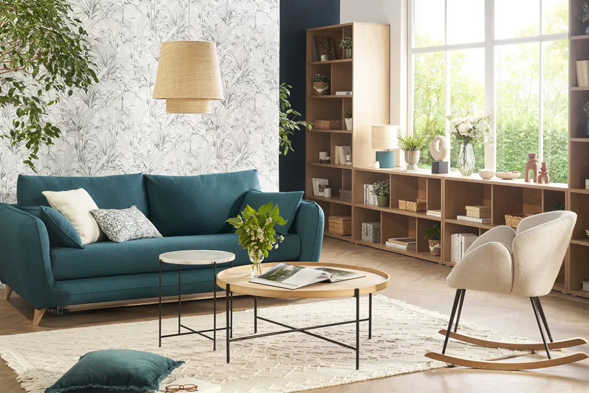 Miliboo Canapé Convertible|Voir Tous Les Canapés-Canapé convertible scandinave 3 places en tissu bleu paon et bois clair avec matelas 10 cm CREEP