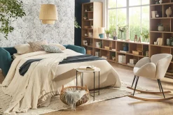 Miliboo Canapé Convertible|Voir Tous Les Canapés-Canapé convertible scandinave 3 places en tissu bleu paon et bois clair avec matelas 10 cm CREEP