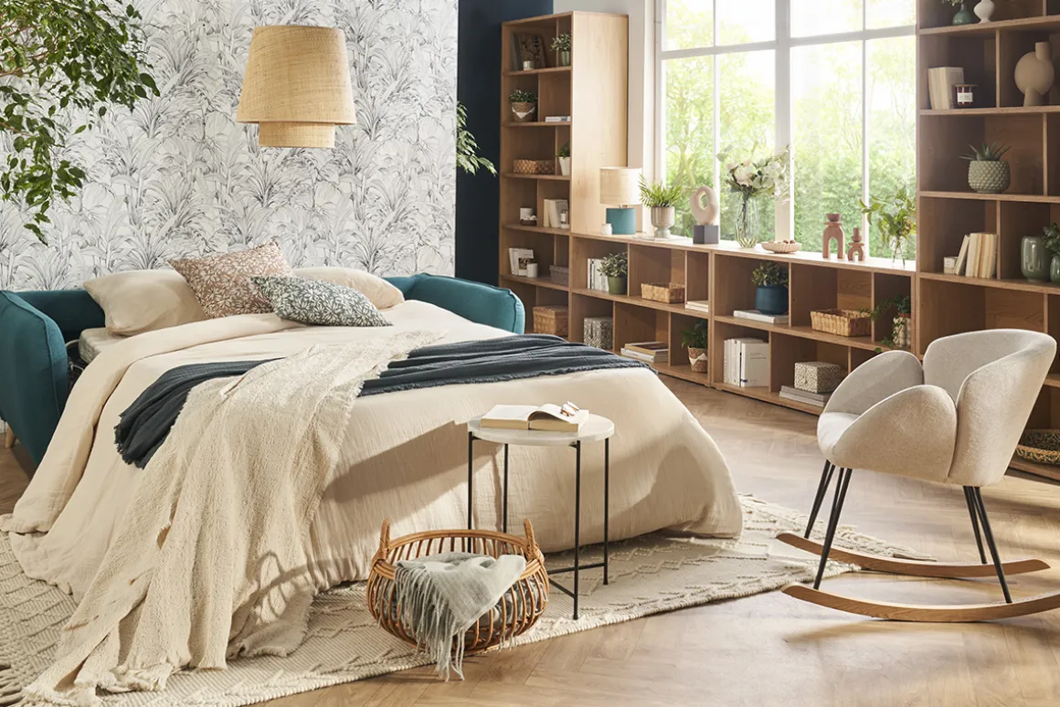 Miliboo Canapé Convertible|Voir Tous Les Canapés-Canapé convertible scandinave 3 places en tissu bleu paon et bois clair avec matelas 10 cm CREEP