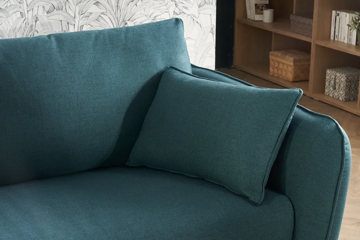 Miliboo Canapé Convertible|Voir Tous Les Canapés-Canapé convertible scandinave 3 places en tissu bleu paon et bois clair avec matelas 10 cm CREEP