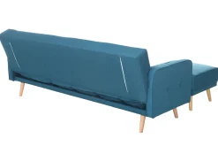 Miliboo Canapé Convertible|Canapé D'angle-Canapé convertible scandinave 3 places avec repose-pieds en tissu bleu canard et bois clair ULLA