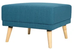 Miliboo Canapé Convertible|Canapé D'angle-Canapé convertible scandinave 3 places avec repose-pieds en tissu bleu canard et bois clair ULLA