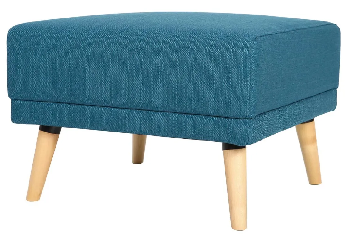 Miliboo Canapé Convertible|Canapé D'angle-Canapé convertible scandinave 3 places avec repose-pieds en tissu bleu canard et bois clair ULLA