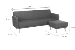 Miliboo Canapé Convertible|Canapé D'angle-Canapé convertible scandinave 3 places avec repose-pieds en tissu bleu canard et bois clair ULLA