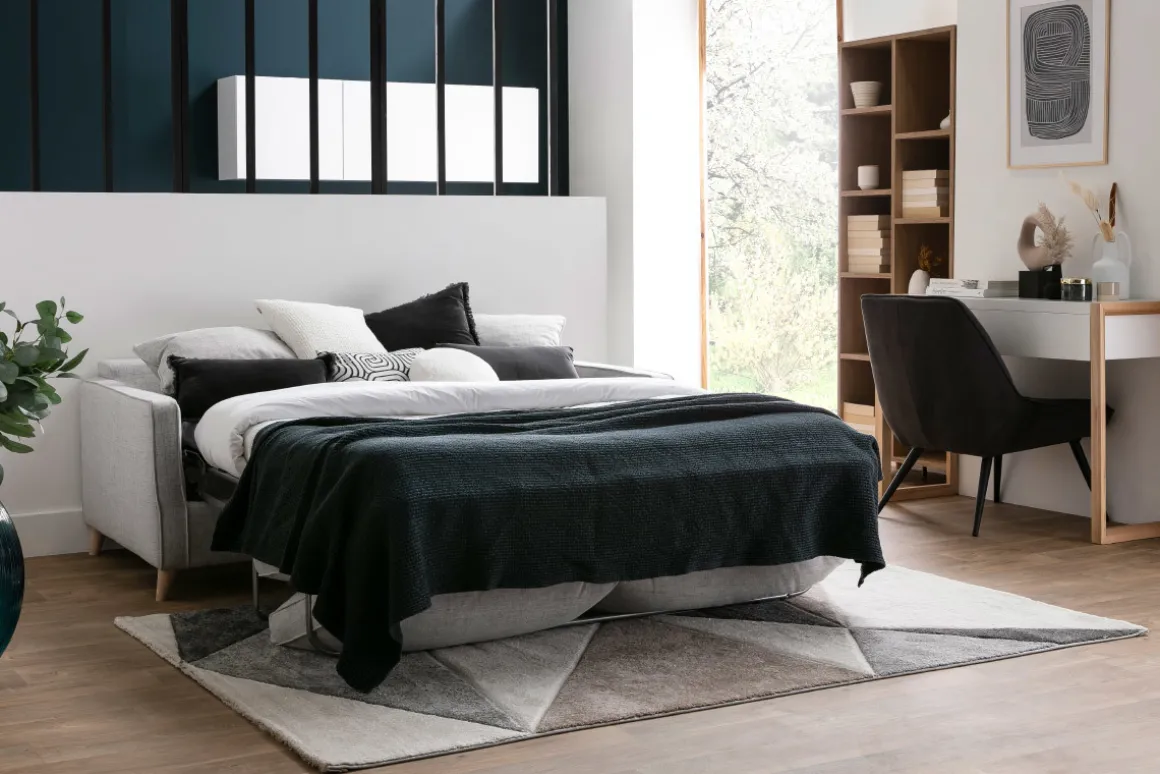 Miliboo Canapé Convertible|Voir Tous Les Canapés-Canapé convertible scandinave 3 places en tissu gris clair et bois clair avec matelas 10 cm PAPEL