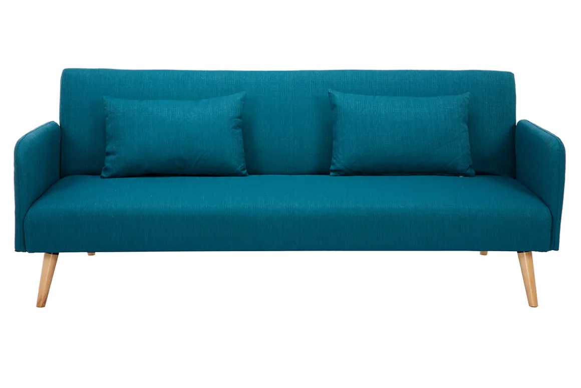 Miliboo Canapé Convertible|Voir Tous Les Canapés-Canapé convertible scandinave 3 places en tissu bleu canard et bois clair LULA