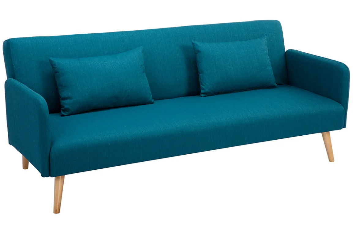 Miliboo Canapé Convertible|Voir Tous Les Canapés-Canapé convertible scandinave 3 places en tissu bleu canard et bois clair LULA