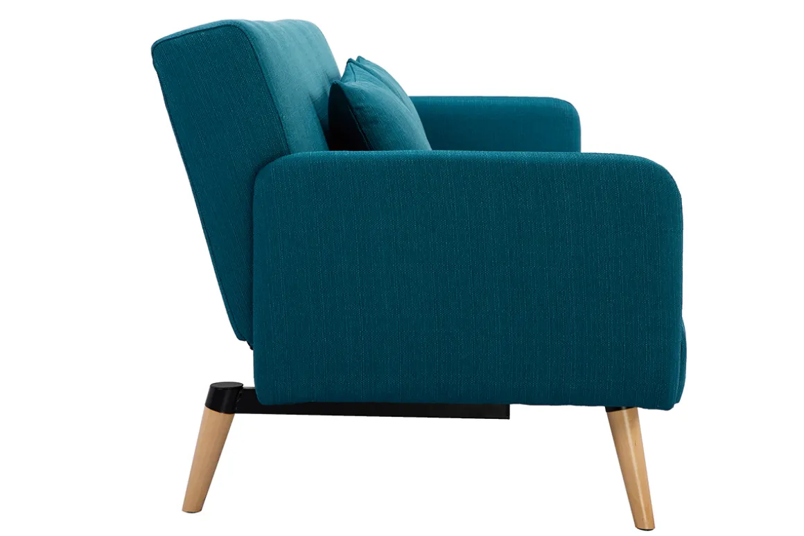 Miliboo Canapé Convertible|Voir Tous Les Canapés-Canapé convertible scandinave 3 places en tissu bleu canard et bois clair LULA