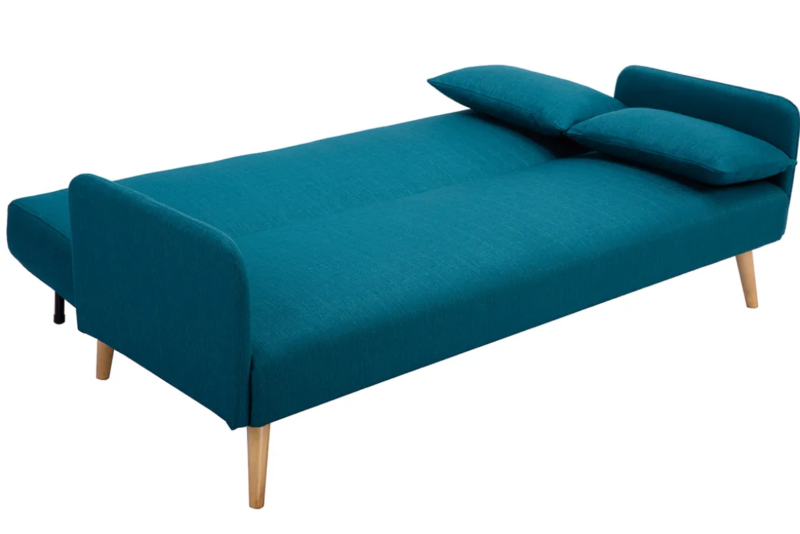 Miliboo Canapé Convertible|Voir Tous Les Canapés-Canapé convertible scandinave 3 places en tissu bleu canard et bois clair LULA