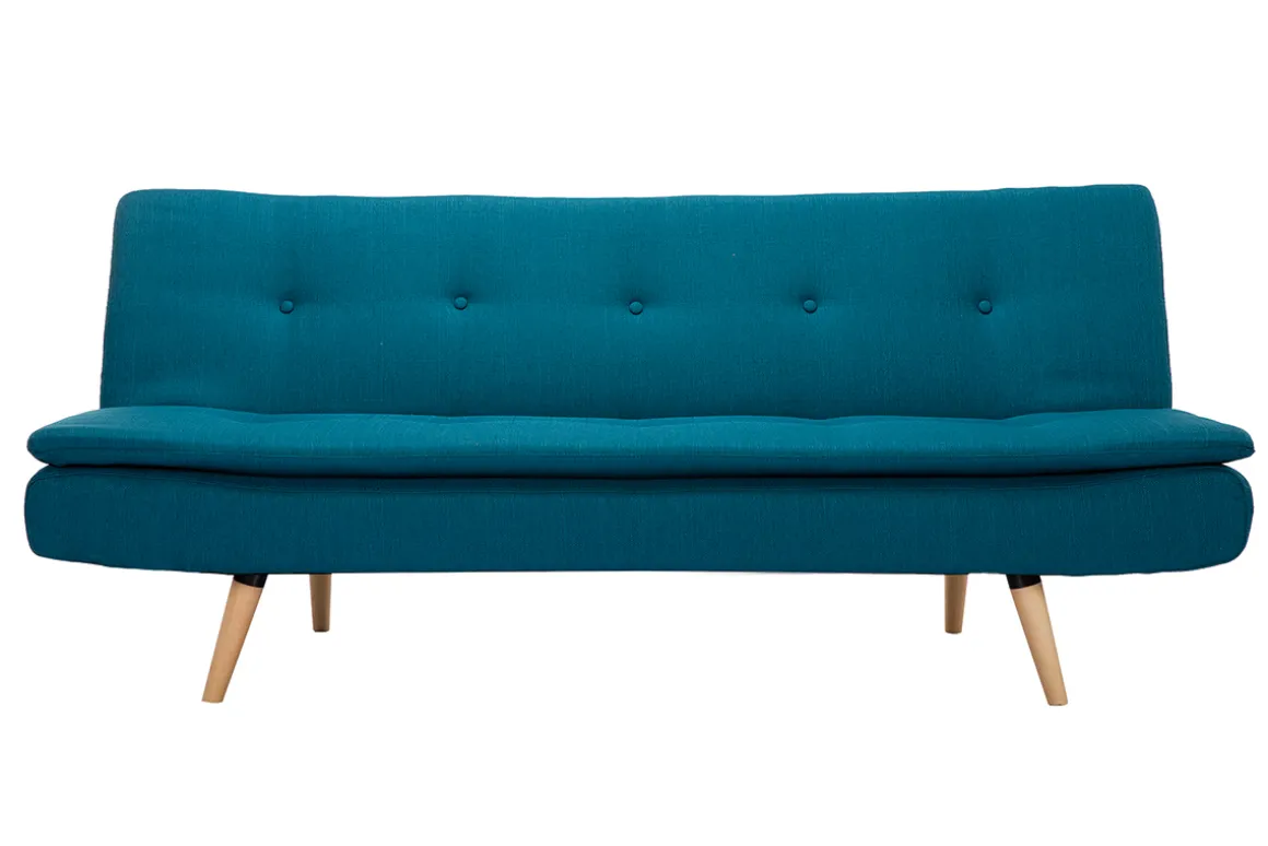 Miliboo Canapé Convertible|Voir Tous Les Canapés-Canapé convertible scandinave 3 places en tissu bleu canard et bois clair SENSO
