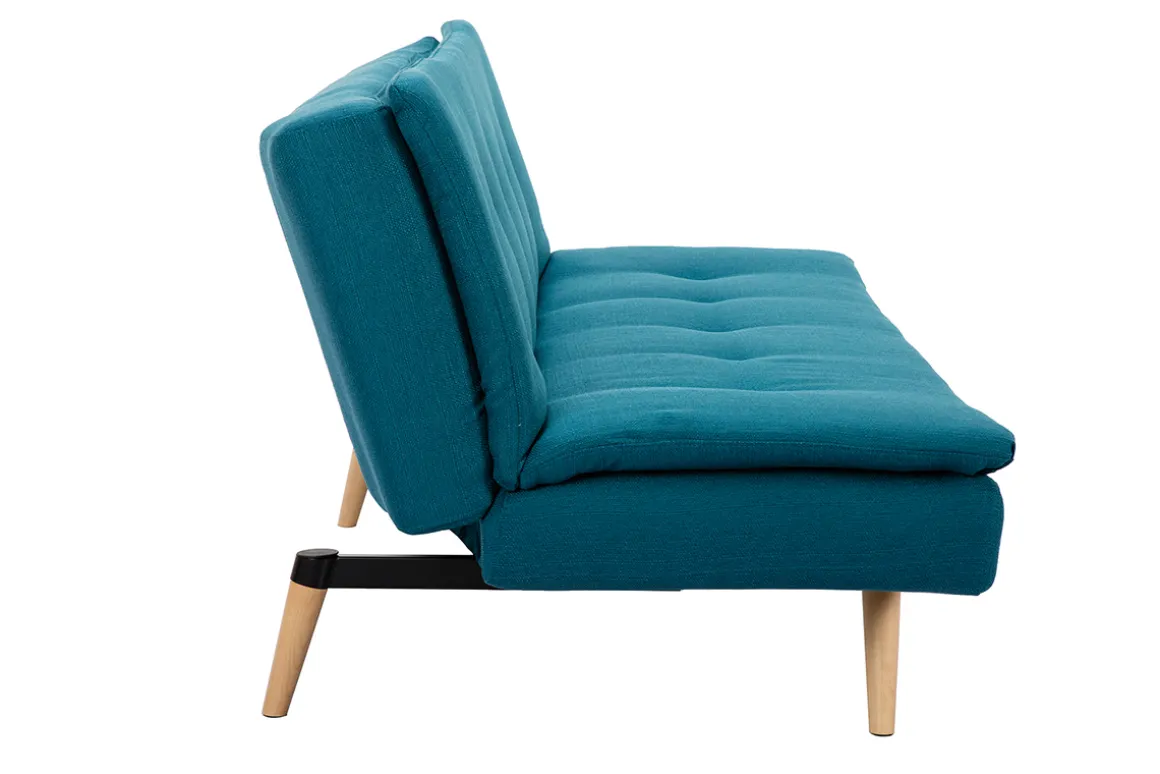 Miliboo Canapé Convertible|Voir Tous Les Canapés-Canapé convertible scandinave 3 places en tissu bleu canard et bois clair SENSO