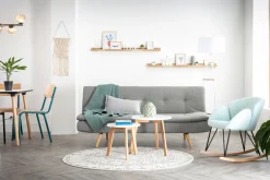 Miliboo Canapé Convertible|Voir Tous Les Canapés-Canapé convertible scandinave 3 places en tissu bleu canard et bois clair SENSO