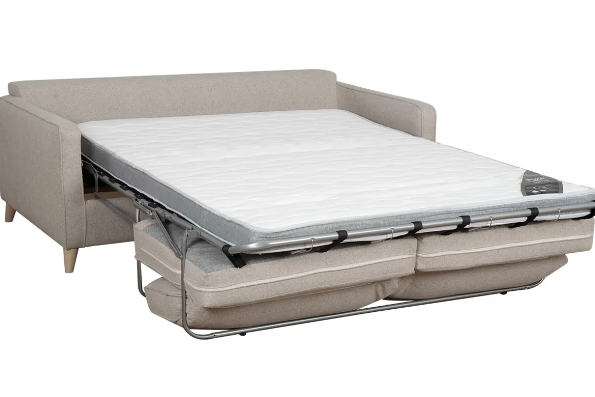 Miliboo Canapé Convertible|Voir Tous Les Canapés-Canapé convertible scandinave 3 places en tissu beige et bois clair avec matelas 10 cm PAPEL