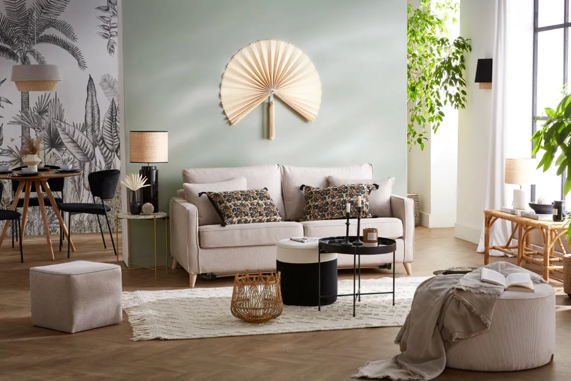 Miliboo Canapé Convertible|Voir Tous Les Canapés-Canapé convertible scandinave 3 places en tissu beige et bois clair avec matelas 10 cm PAPEL