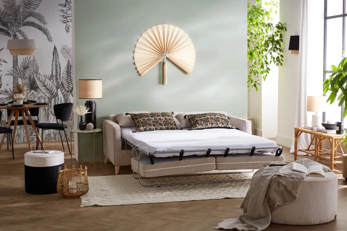 Miliboo Canapé Convertible|Voir Tous Les Canapés-Canapé convertible scandinave 3 places en tissu beige et bois clair avec matelas 10 cm PAPEL