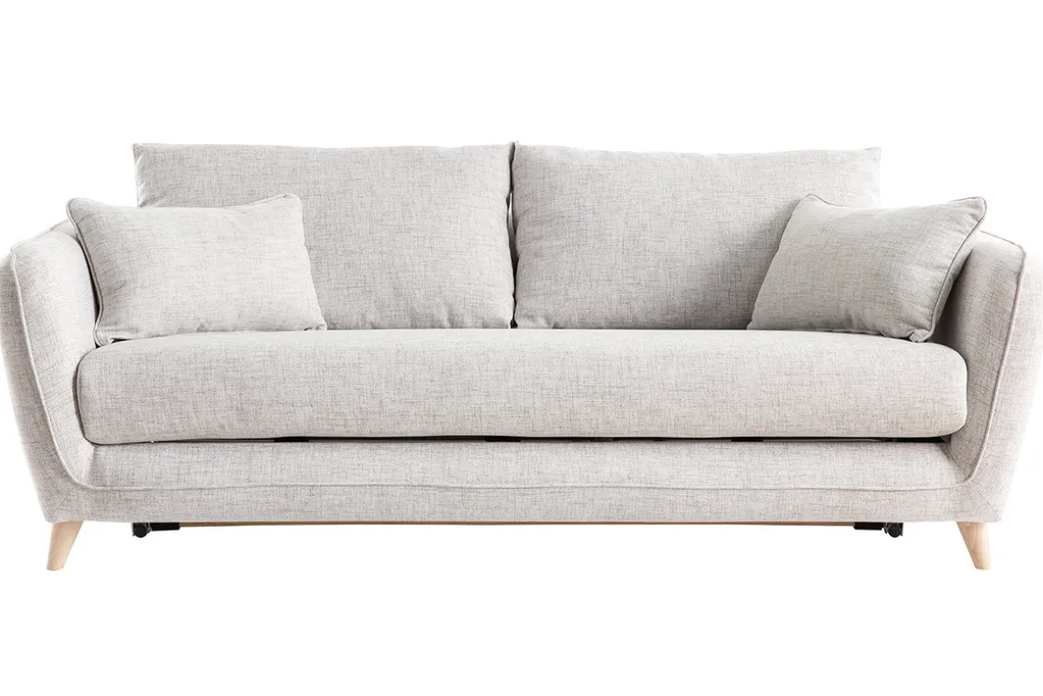 Miliboo Canapé Convertible|Voir Tous Les Canapés-Canapé convertible scandinave 3 places en tissu gris clair chiné et bois clair avec matelas 10 cm CREEP