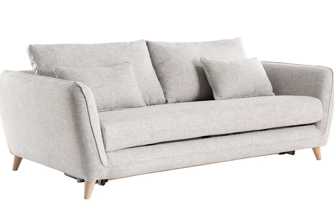 Miliboo Canapé Convertible|Voir Tous Les Canapés-Canapé convertible scandinave 3 places en tissu gris clair chiné et bois clair avec matelas 10 cm CREEP