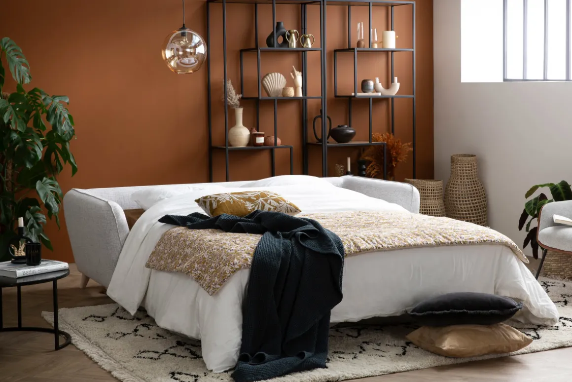 Miliboo Canapé Convertible|Voir Tous Les Canapés-Canapé convertible scandinave 3 places en tissu gris clair chiné et bois clair avec matelas 10 cm CREEP