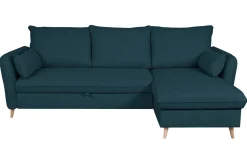 Miliboo Canapé Convertible|Canapé D'angle-Canapé d'angle convertible réversible avec coffre 3-4 places en tissu bleu océan et bois clair DRISS