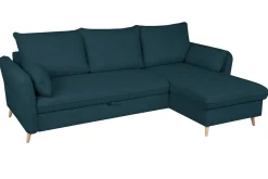 Miliboo Canapé Convertible|Canapé D'angle-Canapé d'angle convertible réversible avec coffre 3-4 places en tissu bleu océan et bois clair DRISS