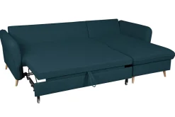 Miliboo Canapé Convertible|Canapé D'angle-Canapé d'angle convertible réversible avec coffre 3-4 places en tissu bleu océan et bois clair DRISS