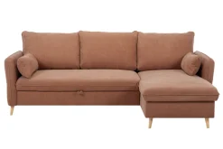 Miliboo Canapé Convertible|Canapé D'angle-Canapé d'angle convertible réversible avec coffre 3-4 places en tissu effet velours terracotta et bois clair DRISS