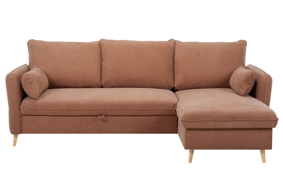 Miliboo Canapé Convertible|Canapé D'angle-Canapé d'angle convertible réversible avec coffre 3-4 places en tissu effet velours terracotta et bois clair DRISS
