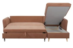 Miliboo Canapé Convertible|Canapé D'angle-Canapé d'angle convertible réversible avec coffre 3-4 places en tissu effet velours terracotta et bois clair DRISS