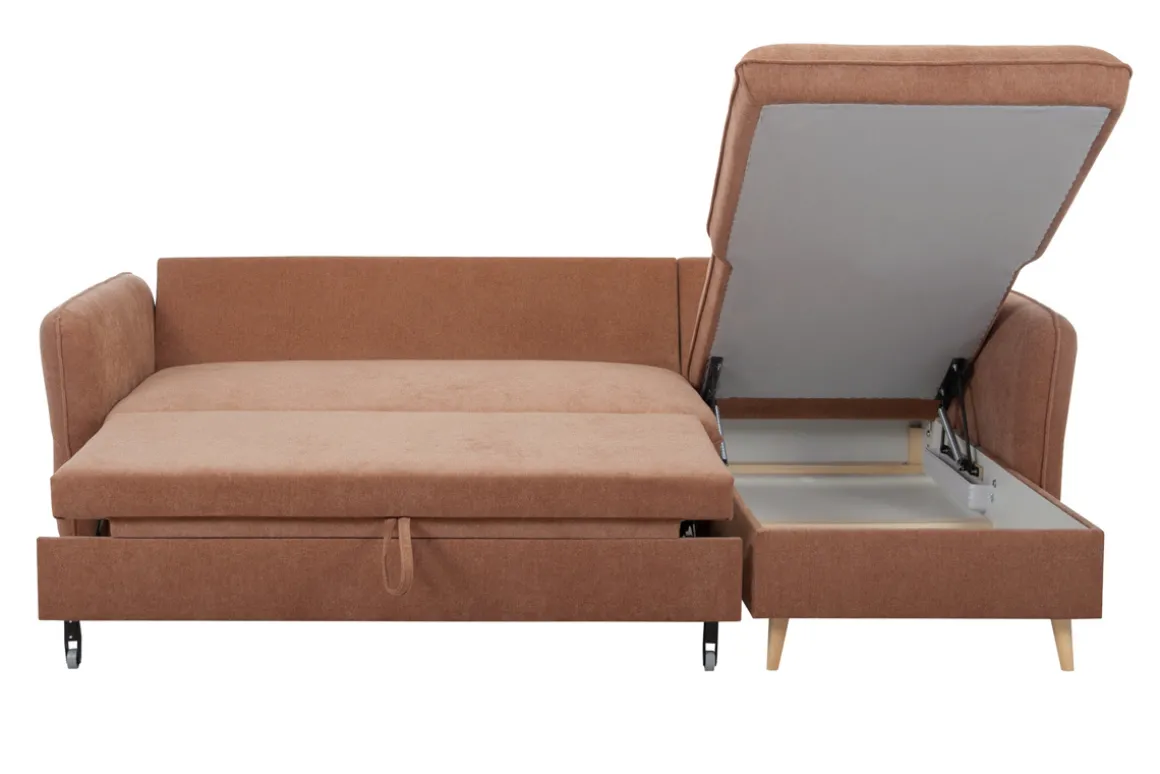Miliboo Canapé Convertible|Canapé D'angle-Canapé d'angle convertible réversible avec coffre 3-4 places en tissu effet velours terracotta et bois clair DRISS