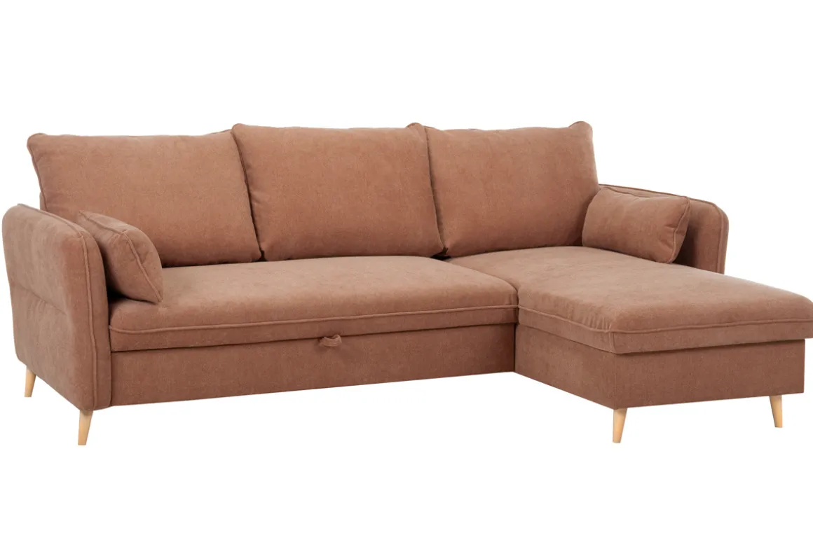 Miliboo Canapé Convertible|Canapé D'angle-Canapé d'angle convertible réversible avec coffre 3-4 places en tissu effet velours terracotta et bois clair DRISS