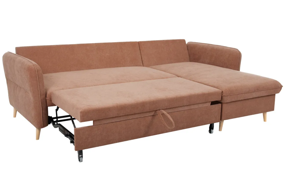 Miliboo Canapé Convertible|Canapé D'angle-Canapé d'angle convertible réversible avec coffre 3-4 places en tissu effet velours terracotta et bois clair DRISS