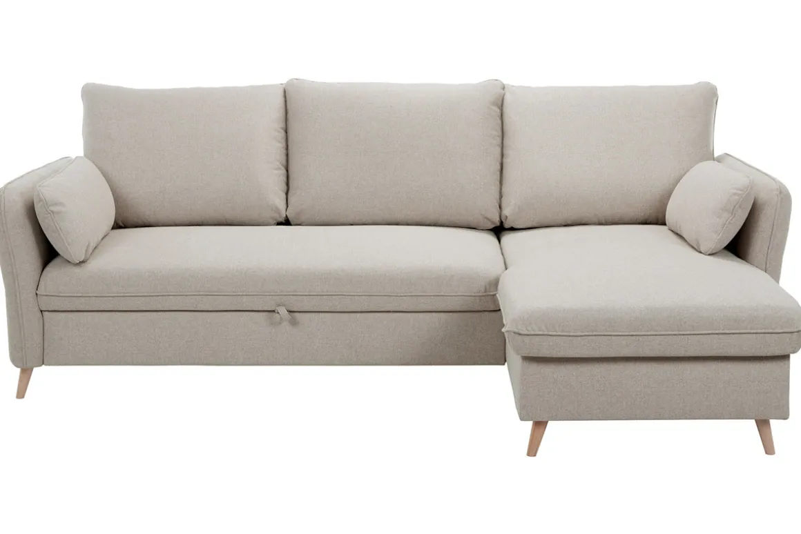 Miliboo Canapé Convertible|Canapé D'angle-Canapé d'angle convertible réversible avec coffre 3-4 places en tissu beige et bois clair DRISS