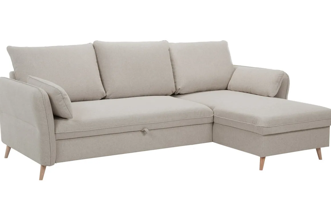 Miliboo Canapé Convertible|Canapé D'angle-Canapé d'angle convertible réversible avec coffre 3-4 places en tissu beige et bois clair DRISS