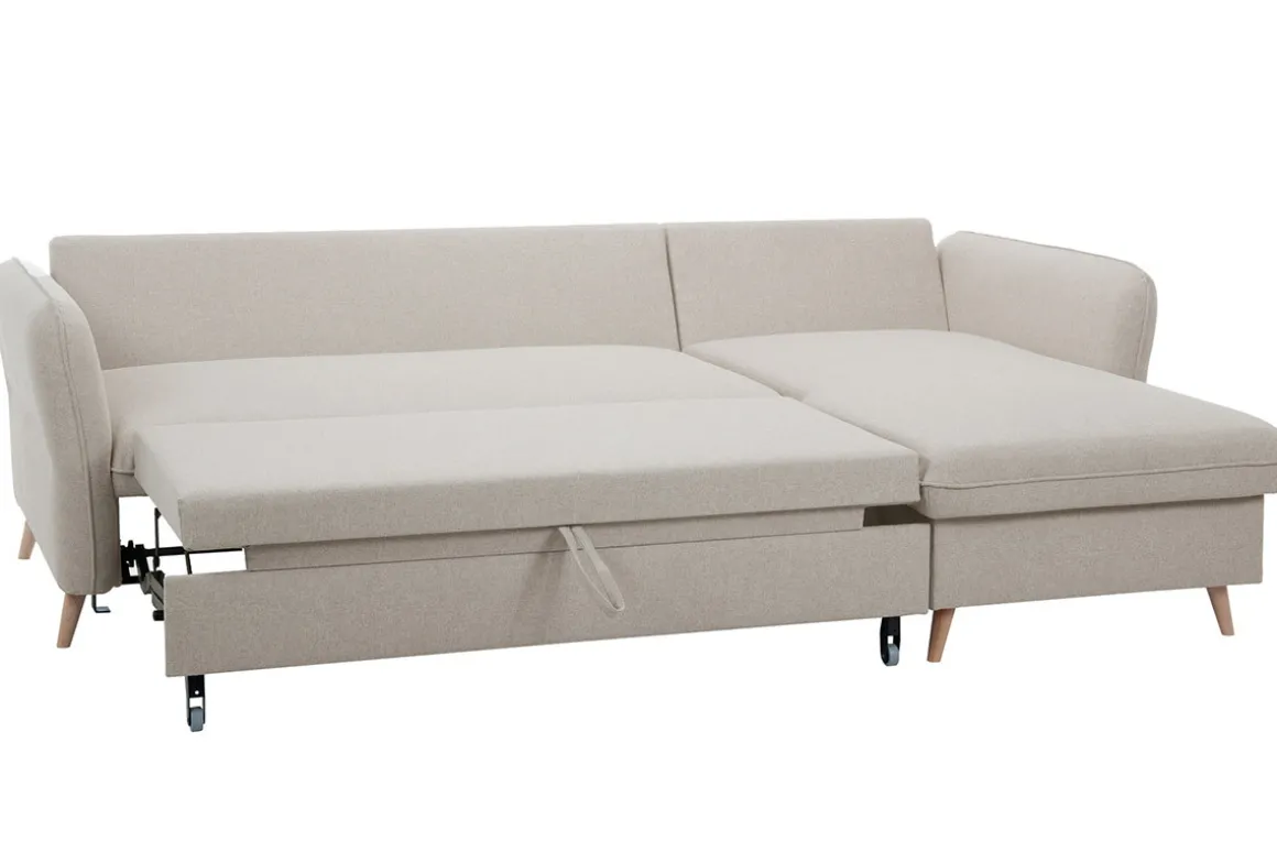 Miliboo Canapé Convertible|Canapé D'angle-Canapé d'angle convertible réversible avec coffre 3-4 places en tissu beige et bois clair DRISS