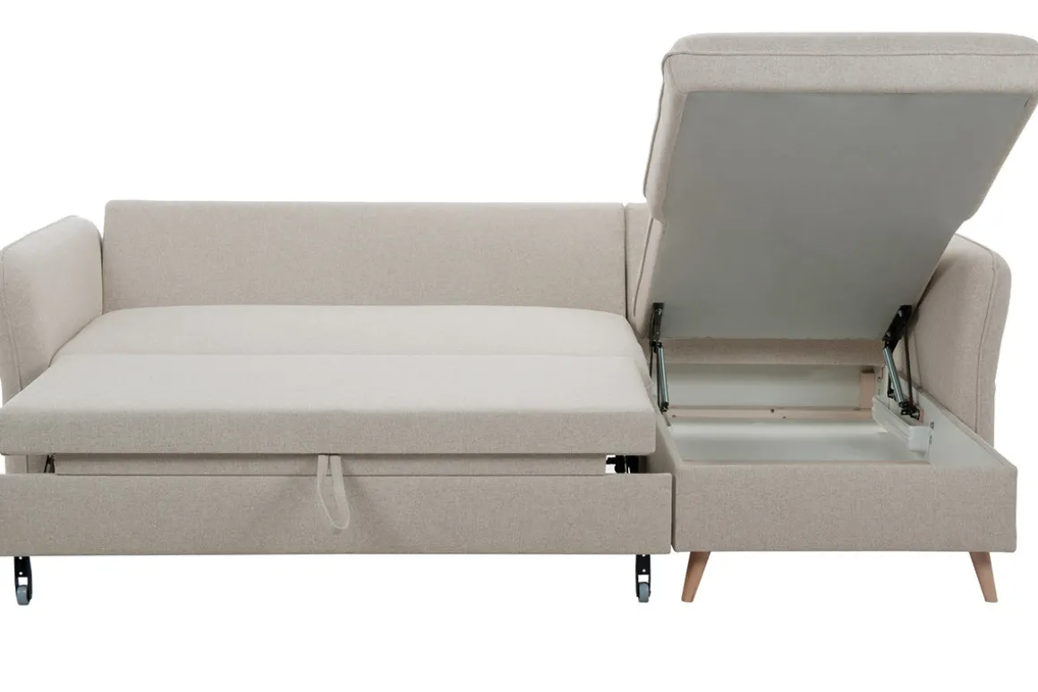 Miliboo Canapé Convertible|Canapé D'angle-Canapé d'angle convertible réversible avec coffre 3-4 places en tissu beige et bois clair DRISS