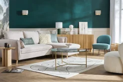 Miliboo Canapé Convertible|Canapé D'angle-Canapé d'angle convertible réversible avec coffre 3-4 places en tissu beige et bois clair DRISS