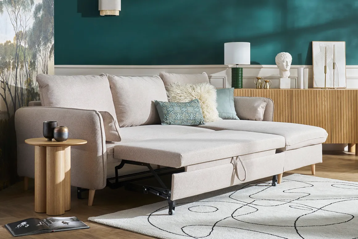 Miliboo Canapé Convertible|Canapé D'angle-Canapé d'angle convertible réversible avec coffre 3-4 places en tissu beige et bois clair DRISS