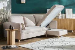 Miliboo Canapé Convertible|Canapé D'angle-Canapé d'angle convertible réversible avec coffre 3-4 places en tissu beige et bois clair DRISS