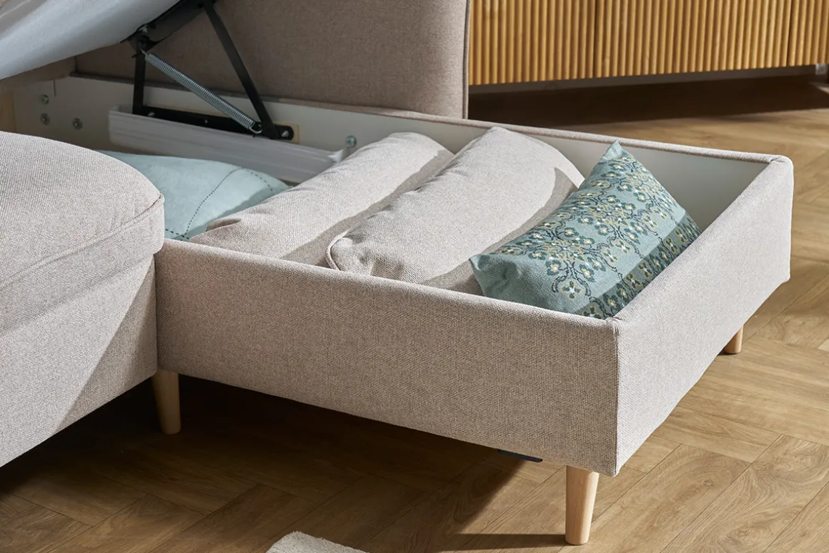 Miliboo Canapé Convertible|Canapé D'angle-Canapé d'angle convertible réversible avec coffre 3-4 places en tissu beige et bois clair DRISS