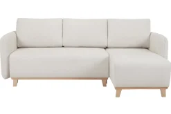 Miliboo Canapé Convertible|Canapé D'angle-Canapé d'angle convertible et réversible 3-4 places en tissu effet velours beige et bois clair ROMANE