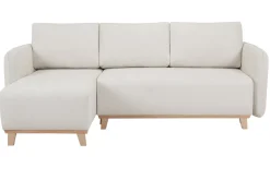 Miliboo Canapé Convertible|Canapé D'angle-Canapé d'angle convertible et réversible 3-4 places en tissu effet velours beige et bois clair ROMANE