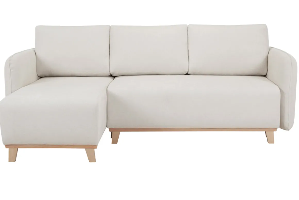 Miliboo Canapé Convertible|Canapé D'angle-Canapé d'angle convertible et réversible 3-4 places en tissu effet velours beige et bois clair ROMANE