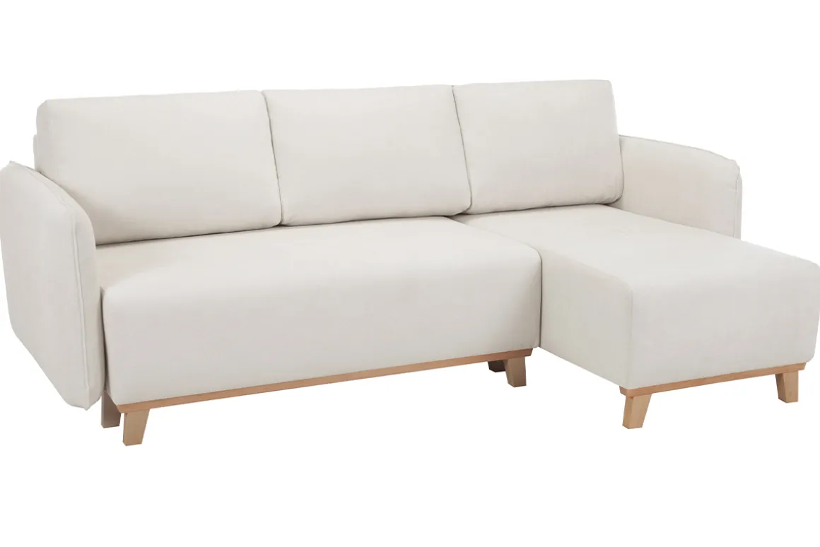 Miliboo Canapé Convertible|Canapé D'angle-Canapé d'angle convertible et réversible 3-4 places en tissu effet velours beige et bois clair ROMANE