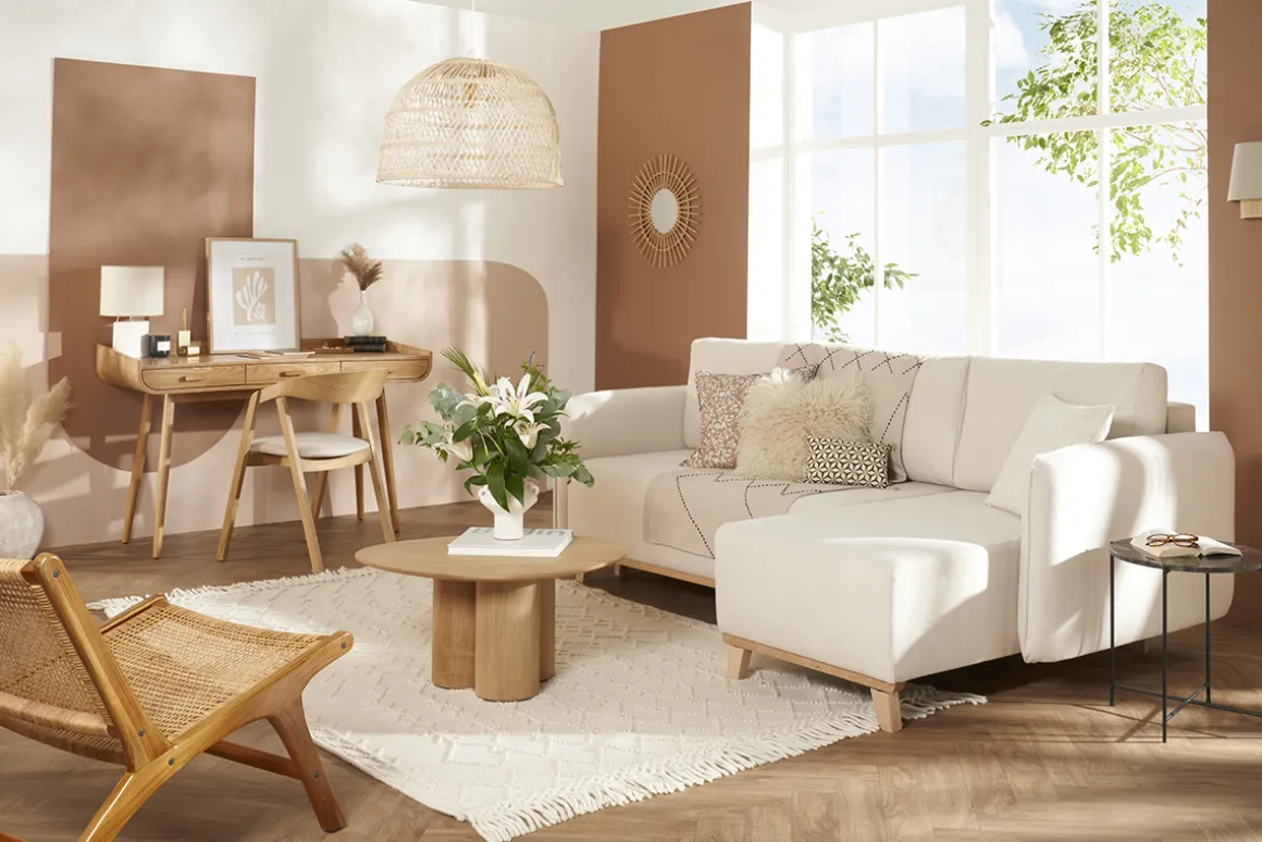 Miliboo Canapé Convertible|Canapé D'angle-Canapé d'angle convertible et réversible 3-4 places en tissu effet velours beige et bois clair ROMANE