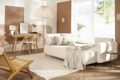 Miliboo Canapé Convertible|Canapé D'angle-Canapé d'angle convertible et réversible 3-4 places en tissu effet velours beige et bois clair ROMANE