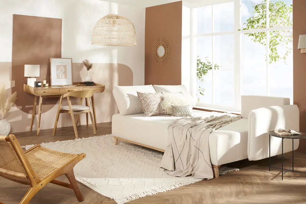 Miliboo Canapé Convertible|Canapé D'angle-Canapé d'angle convertible et réversible 3-4 places en tissu effet velours beige et bois clair ROMANE